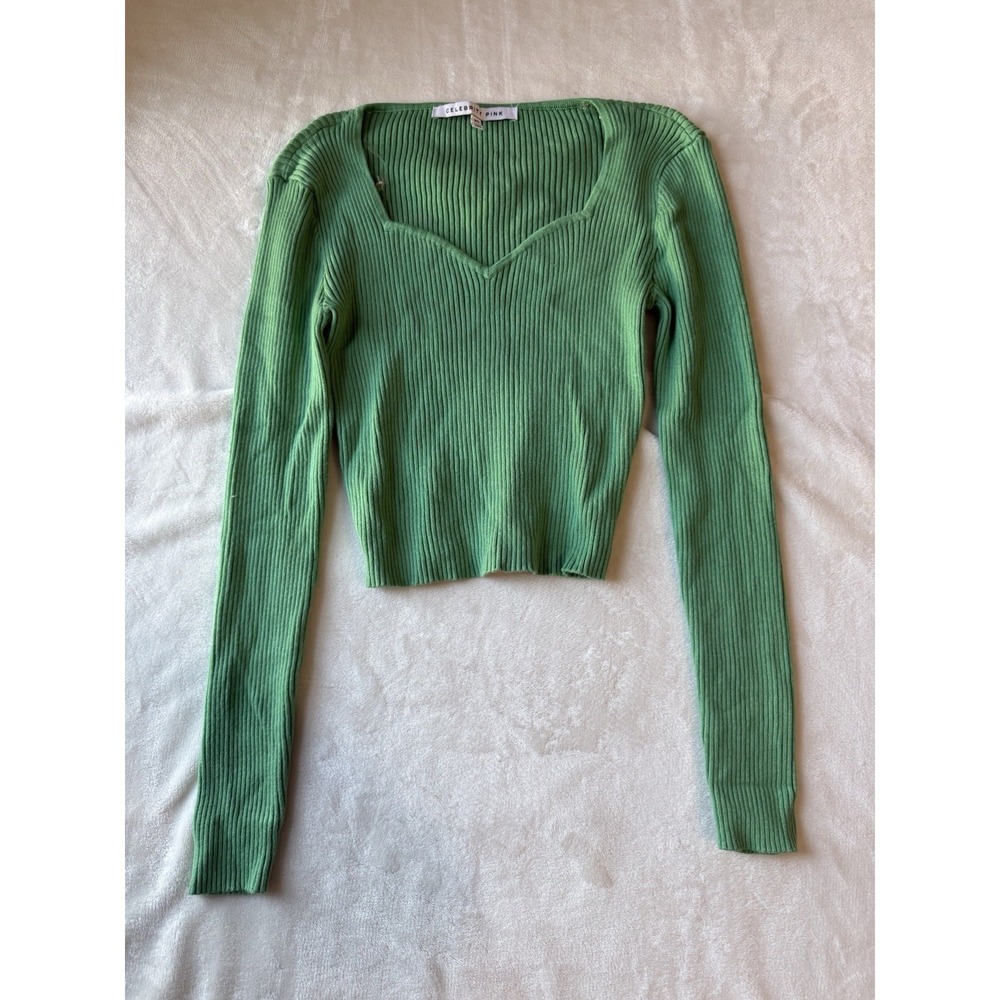 Ladies Celebrity Pink Ribbed Crop Top Long Sleeve Size XS Light Green Y2K Casual